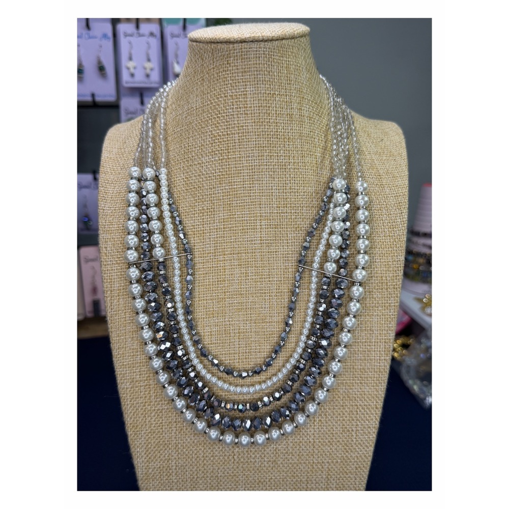 Vintage Multi Strand Faux Pearl and Faceted Metallic Statement Necklace Silver